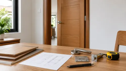 Contoh pintu kayu dan perlengkapan pemasangan di atas meja