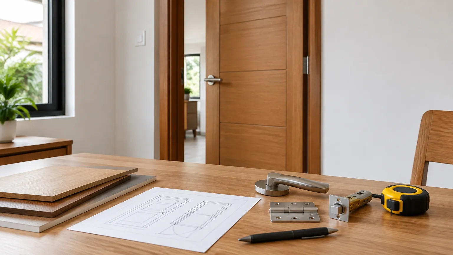 Contoh pintu kayu dan perlengkapan pemasangan di atas meja