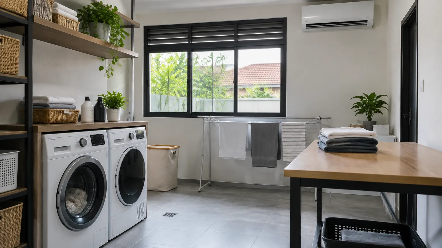 Ruang cuci dengan dua mesin, meja, dan jendela