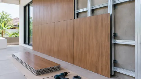 Panel pelapis kayu sedang dipasang pada dinding