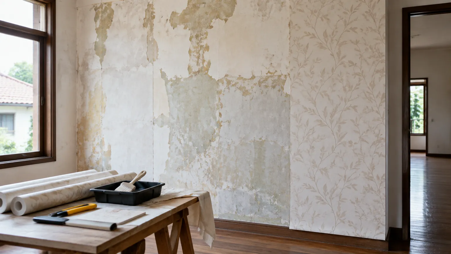 Dinding bangunan lama dengan wallpaper yang mengelupas di area kerja