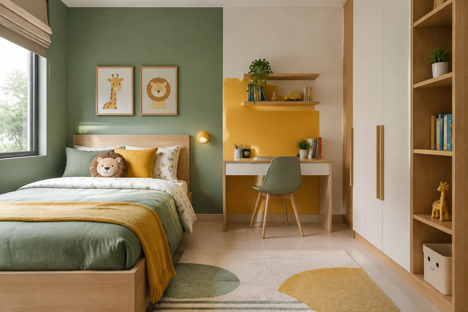 Kamar anak dengan dinding hijau, bidang kuning, dan furnitur kayu terang