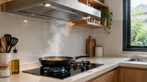 Uap naik dari wajan di bawah pengisap dapur
