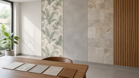 Beberapa contoh finishing dinding dipasang berdampingan dalam ruangan