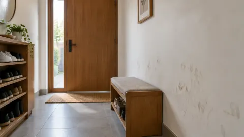 Foyer dengan noda pada dinding di dekat bangku