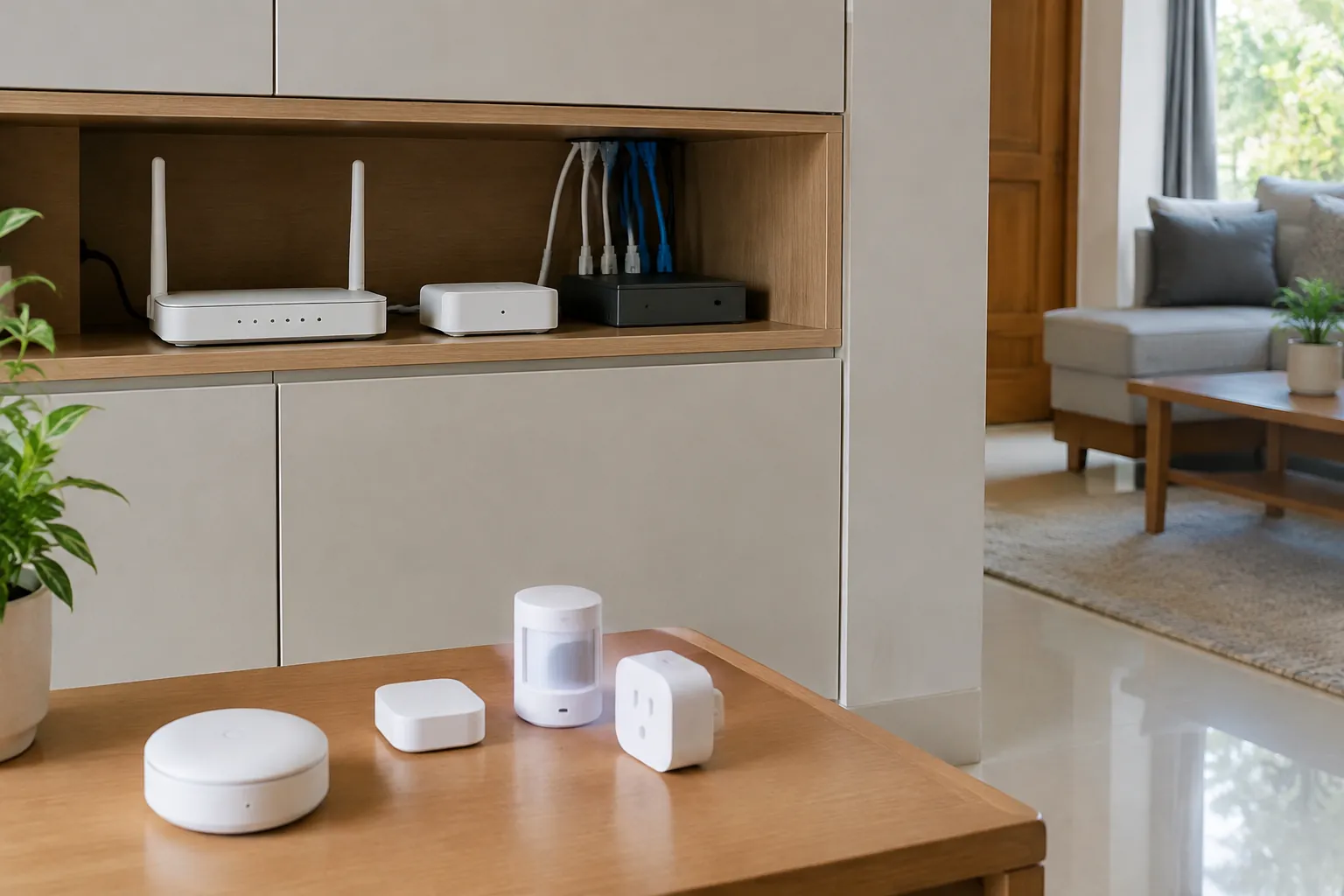 Router, hub, dan sensor ditempatkan pada rak dekat ruang keluarga