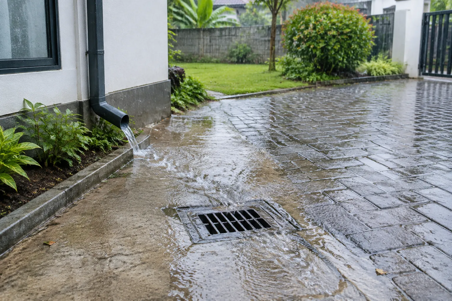 Air hujan melintasi paving menuju floor drain