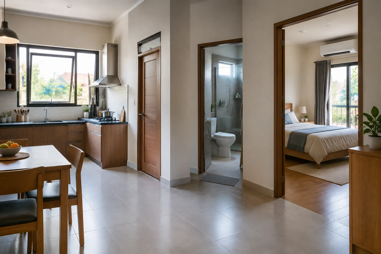 Dapur, kamar mandi dan kamar tidur terlihat dari area tengah rumah