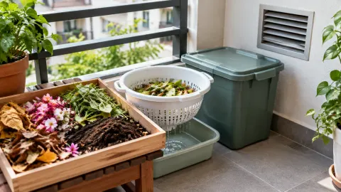 Wadah sampah organik di balkon bertanaman