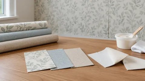 Sampel wallpaper dan bahan pelapis di depan dinding bermotif