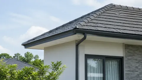 Atap genteng dengan talang di tepi dinding rumah