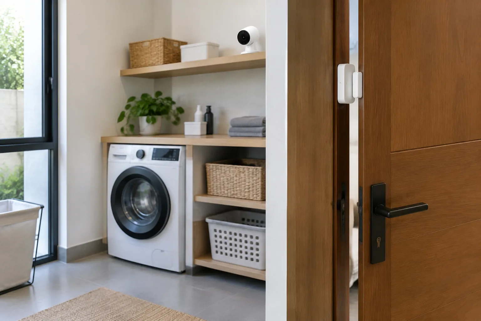 Sensor pintu dan kamera kecil terlihat dekat akses ruang laundry