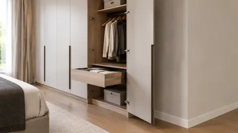 Lemari tanam dengan laci terbuka di kamar tidur