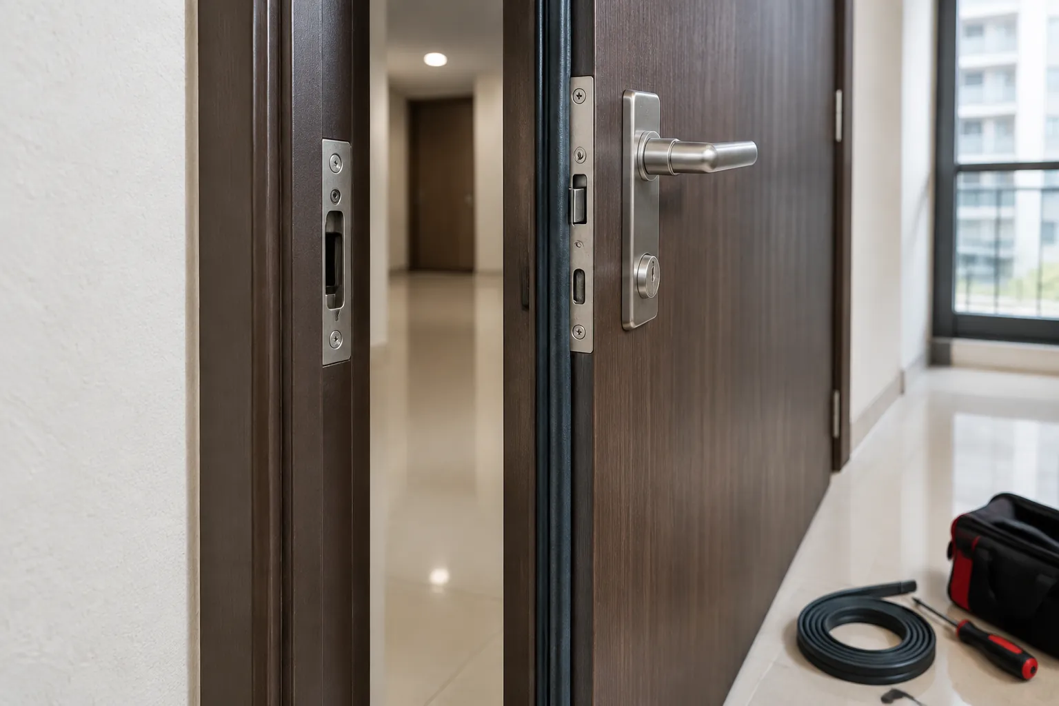 Pintu apartemen kayu dengan detail gagang dan perlengkapan kerja