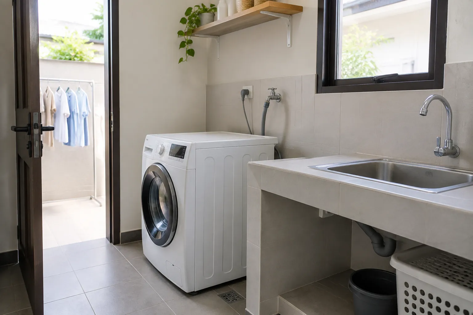 Mesin cuci dan bak cuci di ruang laundry