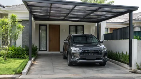 Carport beratap dengan mobil di depan pintu rumah