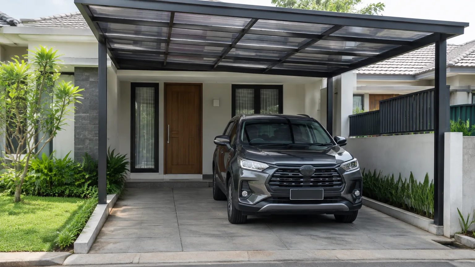 Carport beratap dengan mobil di depan pintu rumah