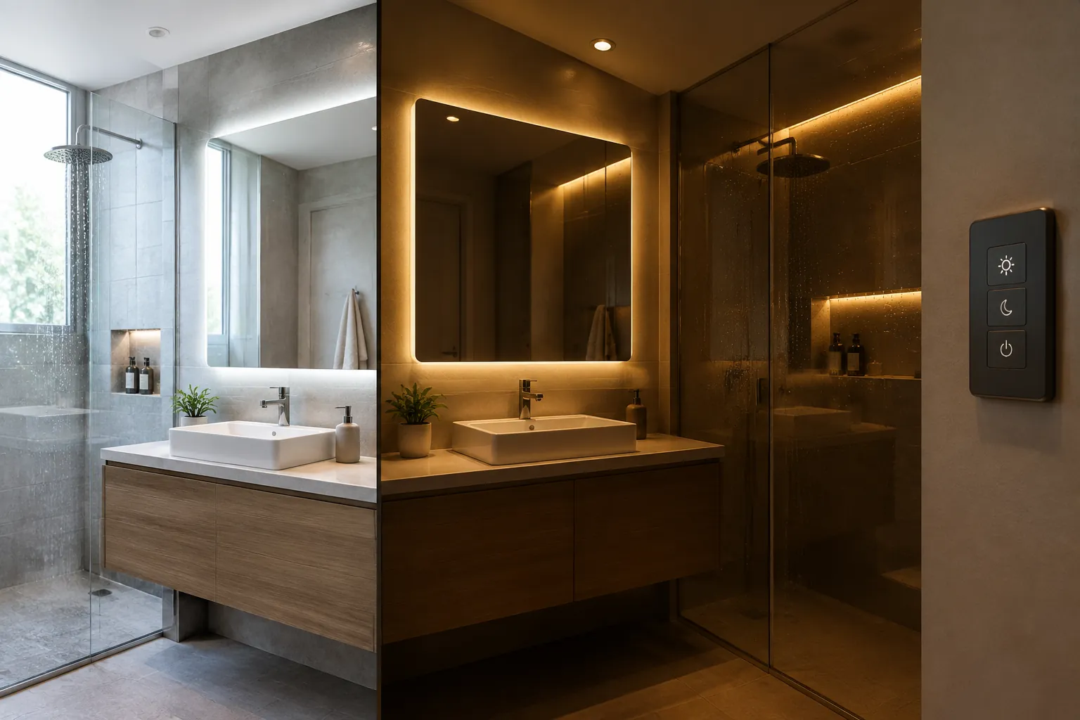 Kamar mandi dengan cermin bercahaya pada kondisi terang dan redup