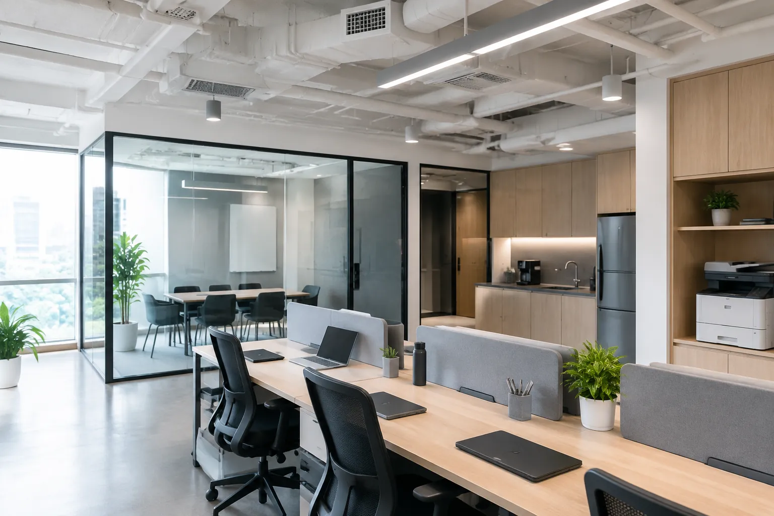 Ruang kerja coworking dengan saluran udara pada plafon
