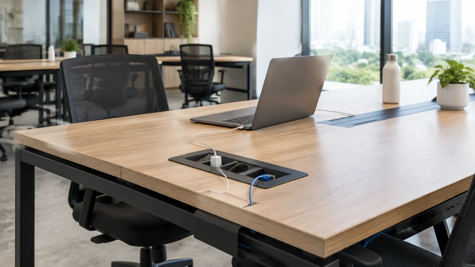 Meja kantor dengan titik listrik dan kabel terpadu
