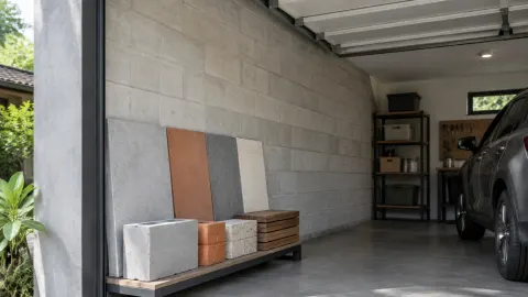 Contoh bahan pelapis dinding di samping kendaraan dalam garasi