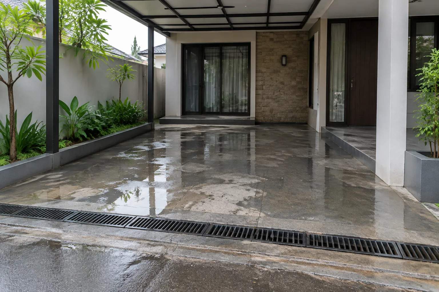 Air pada carport mengalir menuju saluran linear di bagian depan