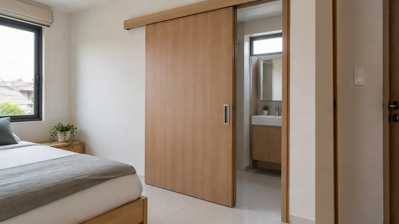 Pintu geser kayu menutup bukaan kamar tidur