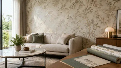 Ruang tamu dengan wallpaper motif dedaunan di belakang sofa