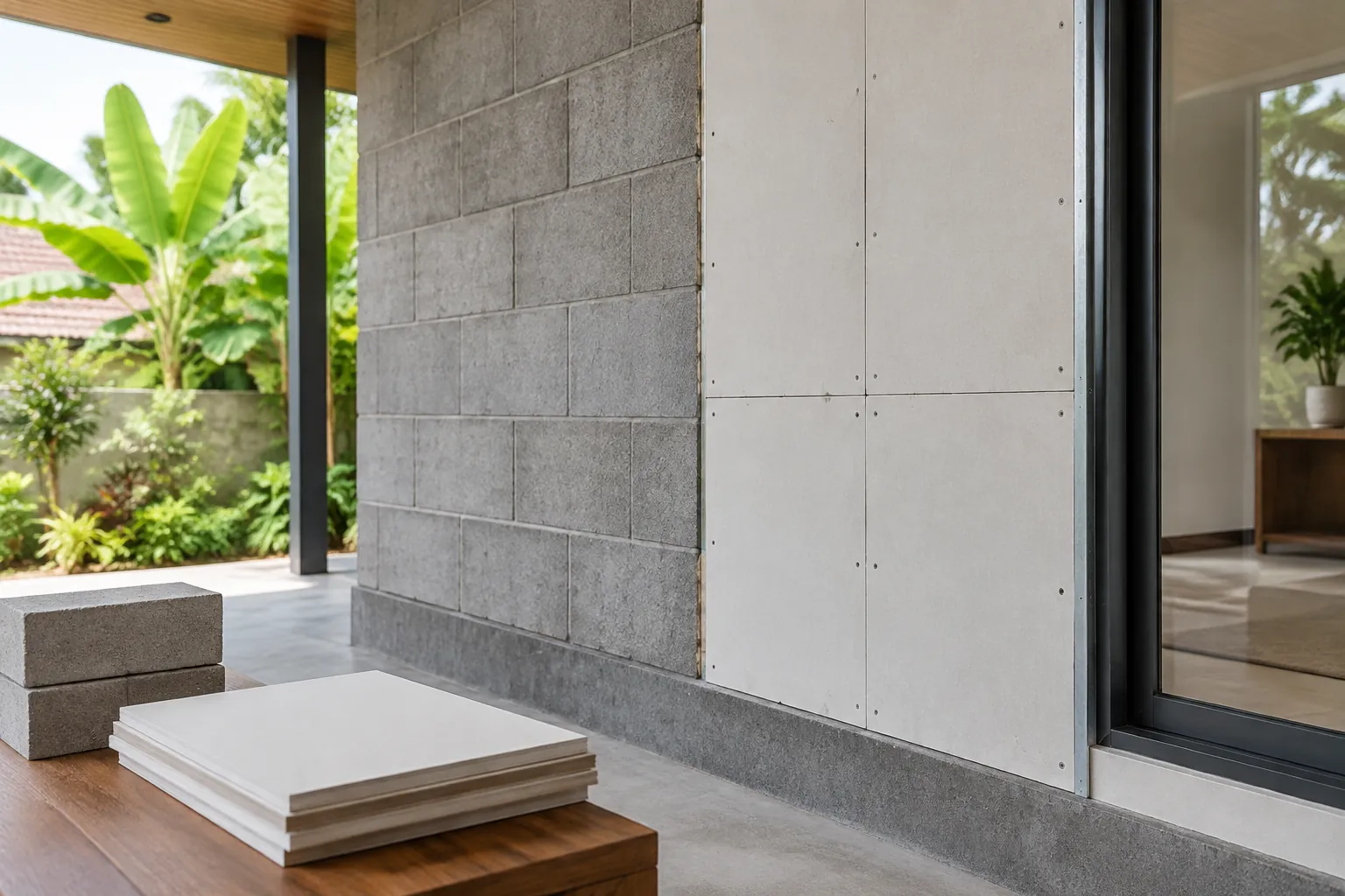 Contoh dua jenis panel dinding luar di dekat bukaan rumah