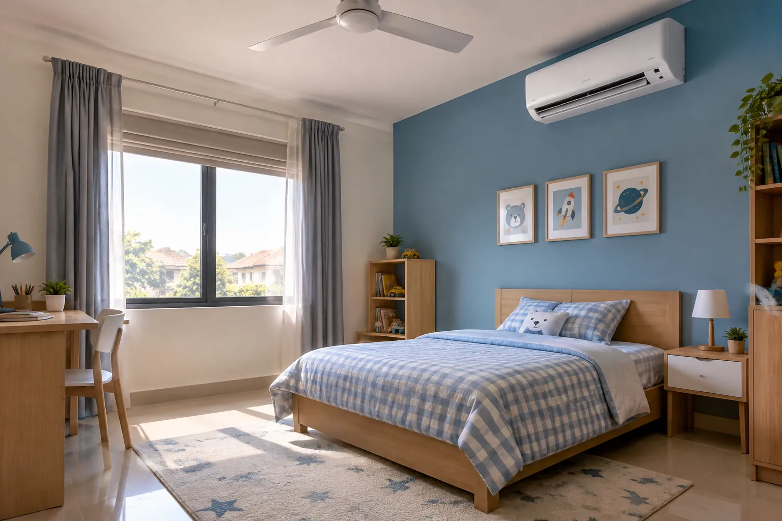 AC dinding dan kipas plafon berada di kamar anak