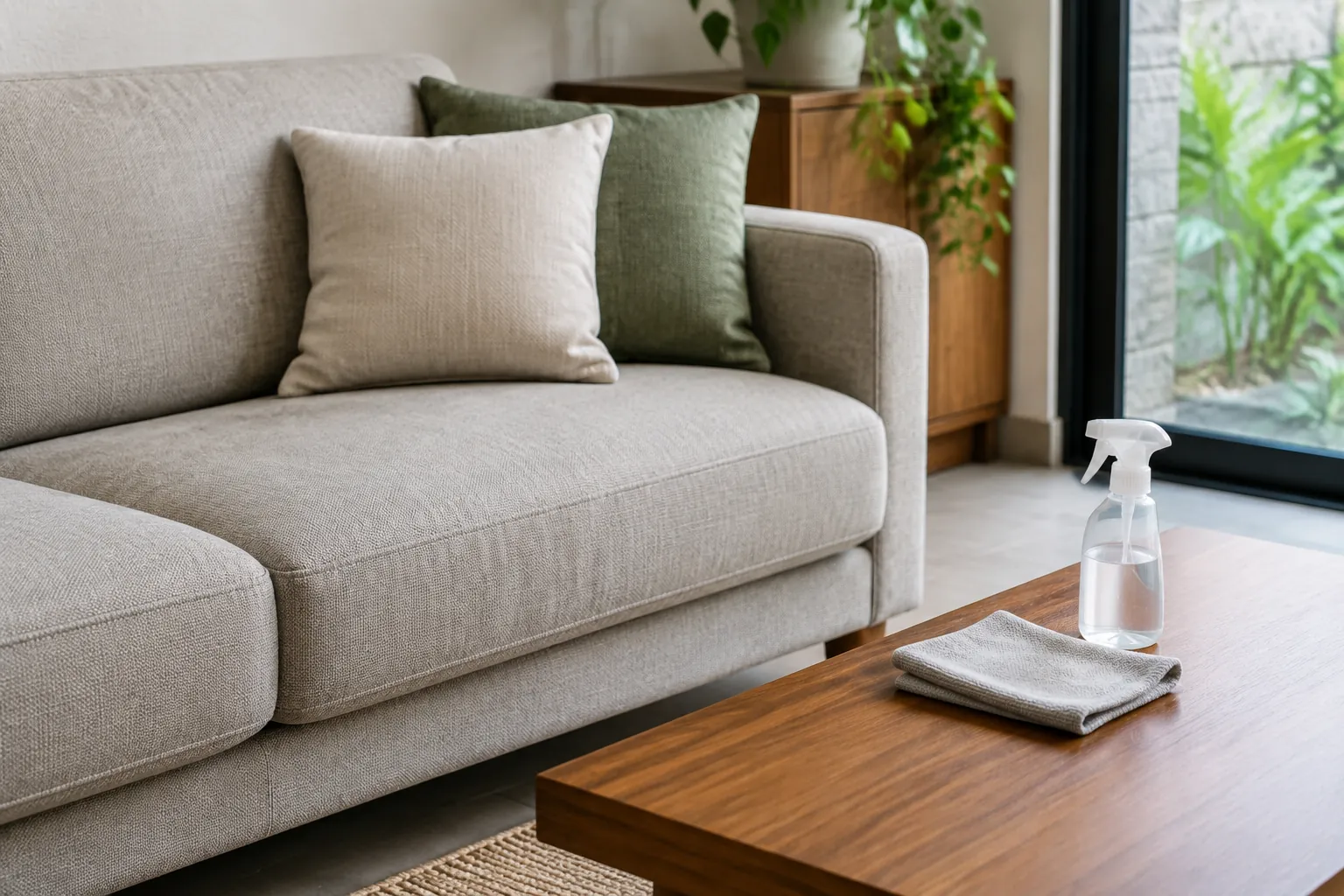 Kain lap dan botol pembersih di meja dekat sofa