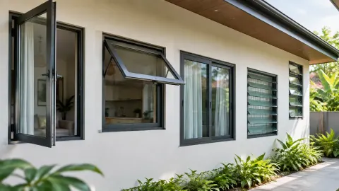 Beberapa jendela terbuka dengan cara berbeda pada fasad rumah