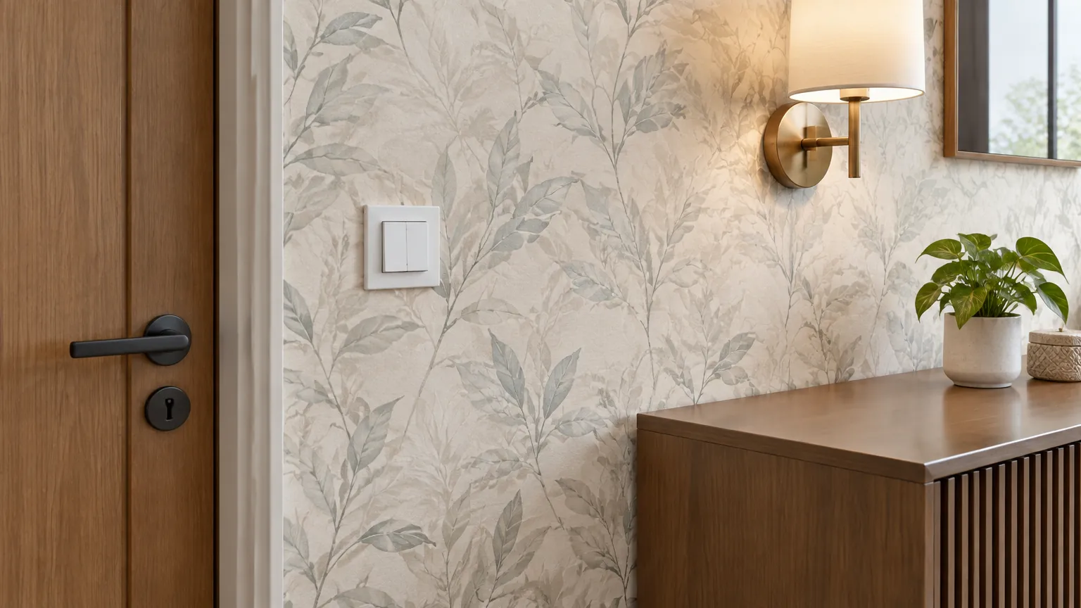 Wallpaper bermotif daun bertemu pintu dan lampu dinding