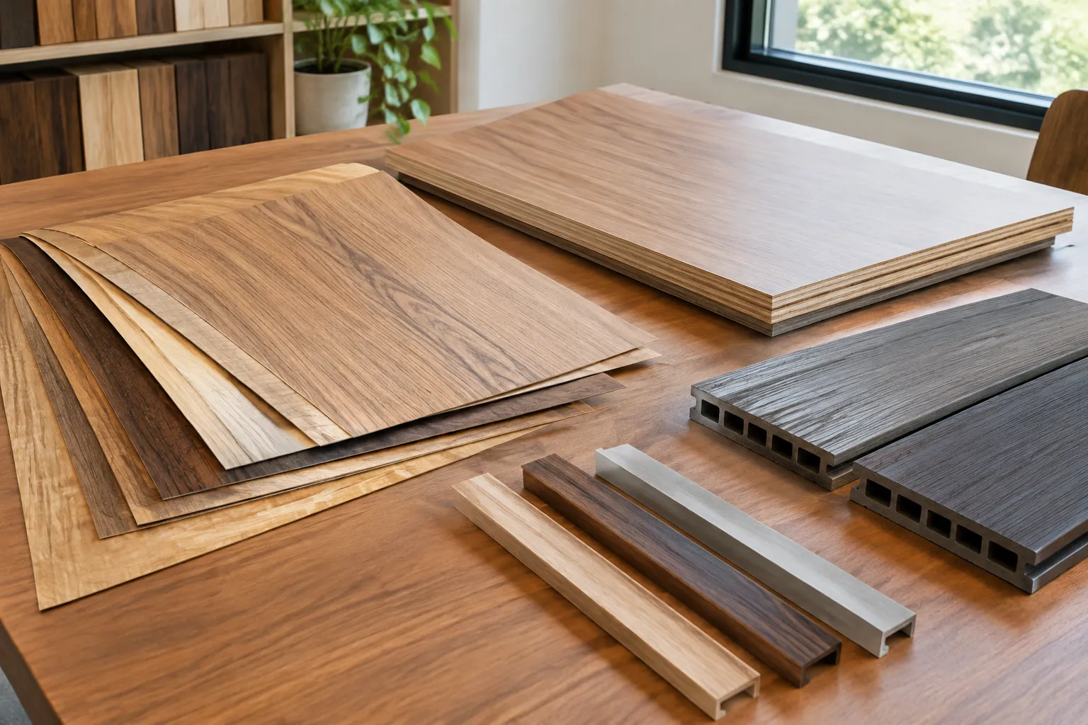 Sampel veneer kayu dan profil panel komposit