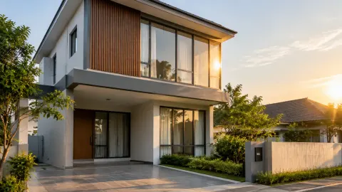 Fasad rumah menerima sinar matahari pada sore hari