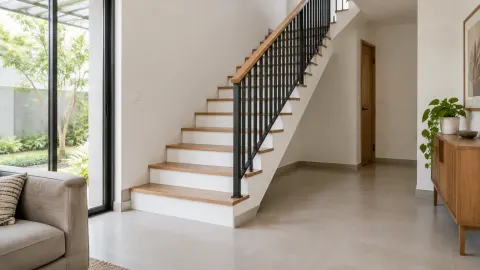Tangga rumah dengan anak tangga putih dan pegangan kayu