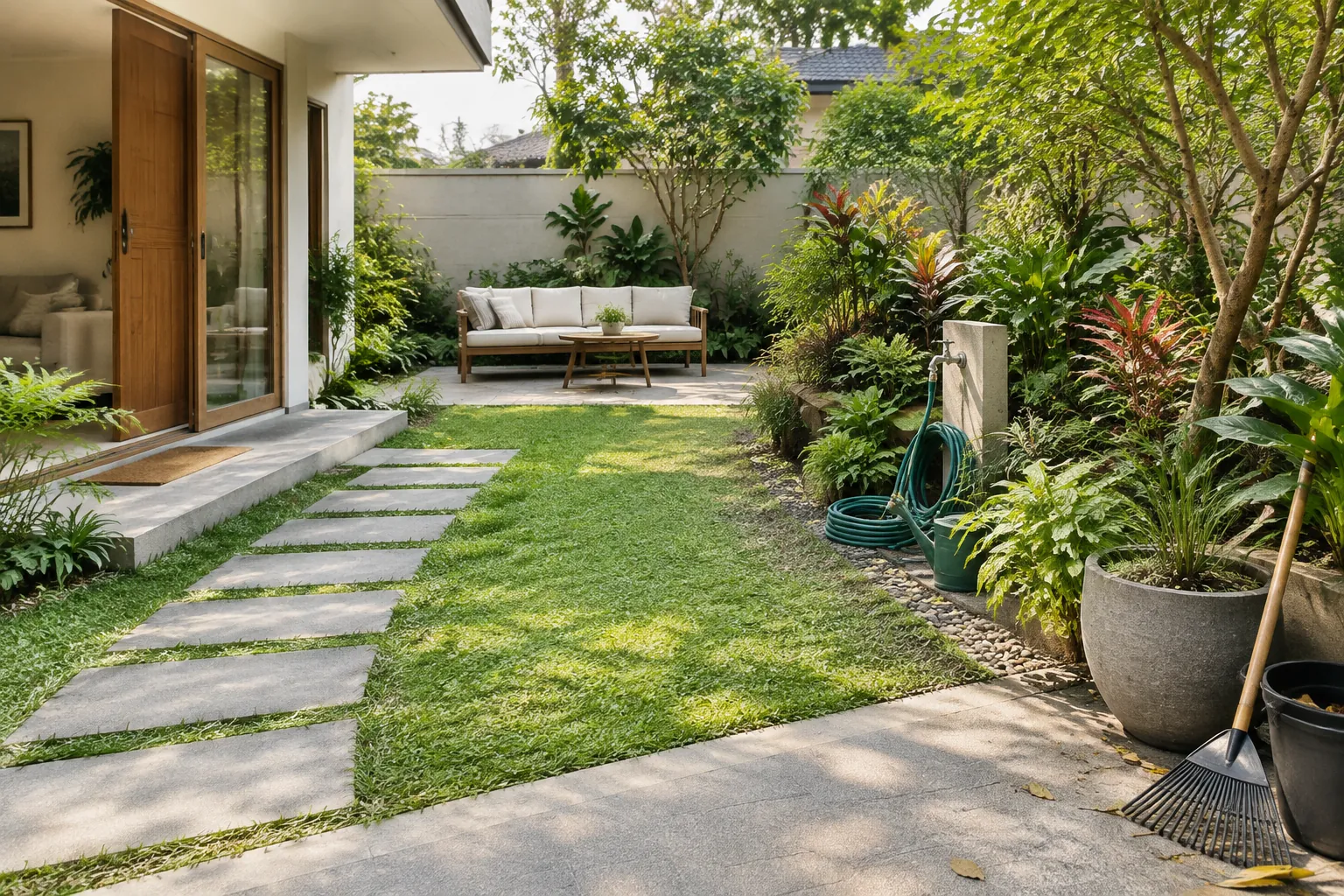 Teras, jalur pijak, rumput, dan bangku taman terhubung di halaman