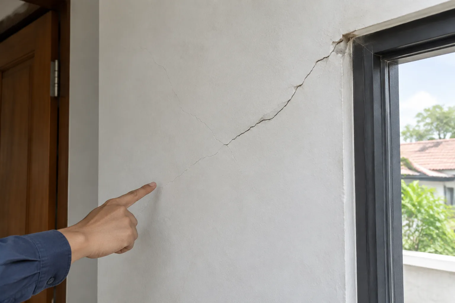 Tangan menunjuk retak halus pada dinding dekat jendela