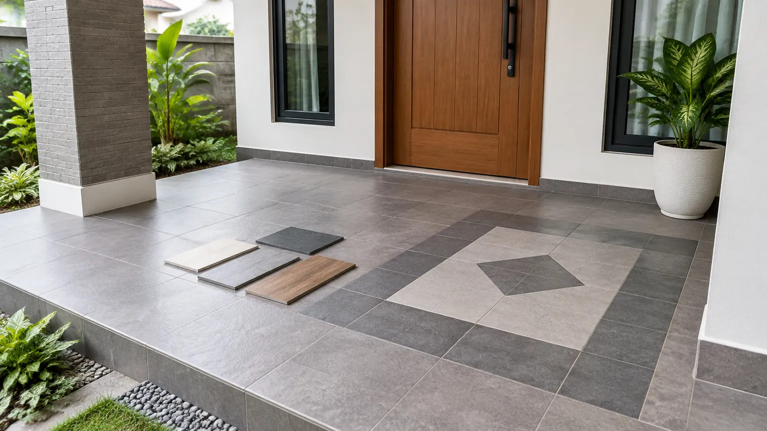 Lantai teras bermotif geometris dengan contoh ubin di sisinya