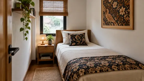 Kamar tidur dengan kain bermotif dan hiasan dinding di atas tempat tidur