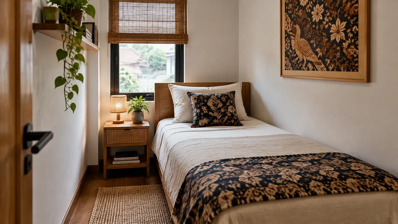 Kamar tidur dengan kain bermotif dan hiasan dinding di atas tempat tidur