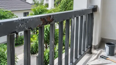 Bagian railing logam balkon dengan karat pada permukaan
