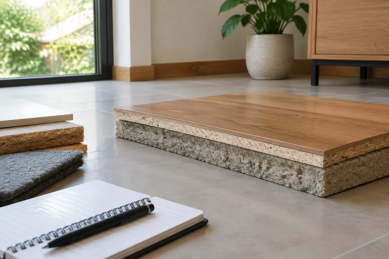 Potongan contoh lantai berlapis diletakkan di atas lantai beton