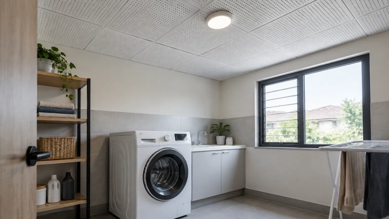 Ruang laundry dengan mesin cuci, meja kerja, dan plafon