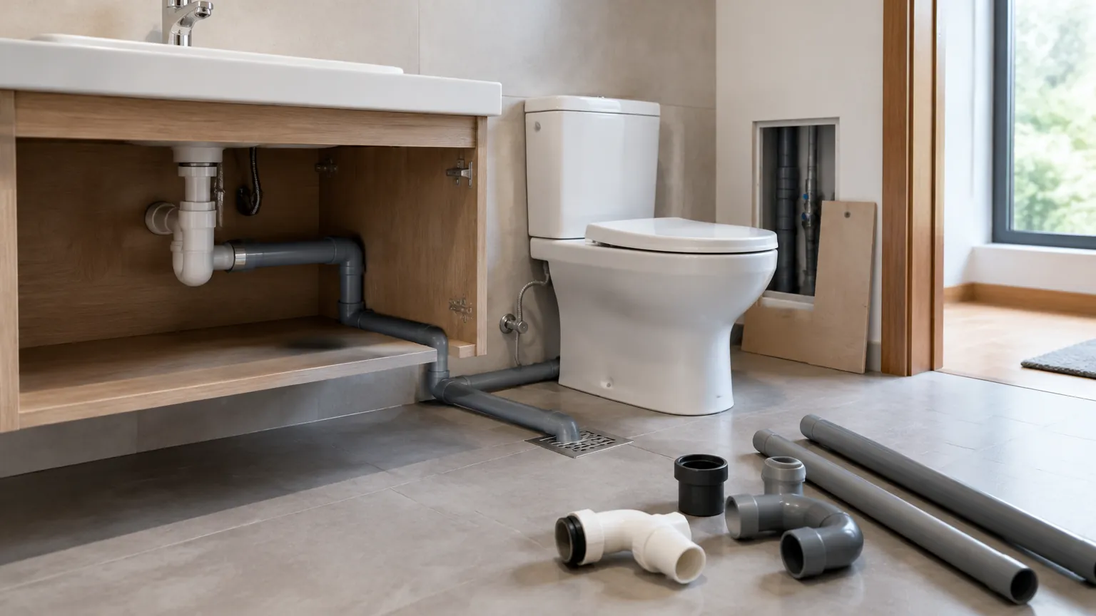 Kamar mandi kecil dengan kloset dan wastafel