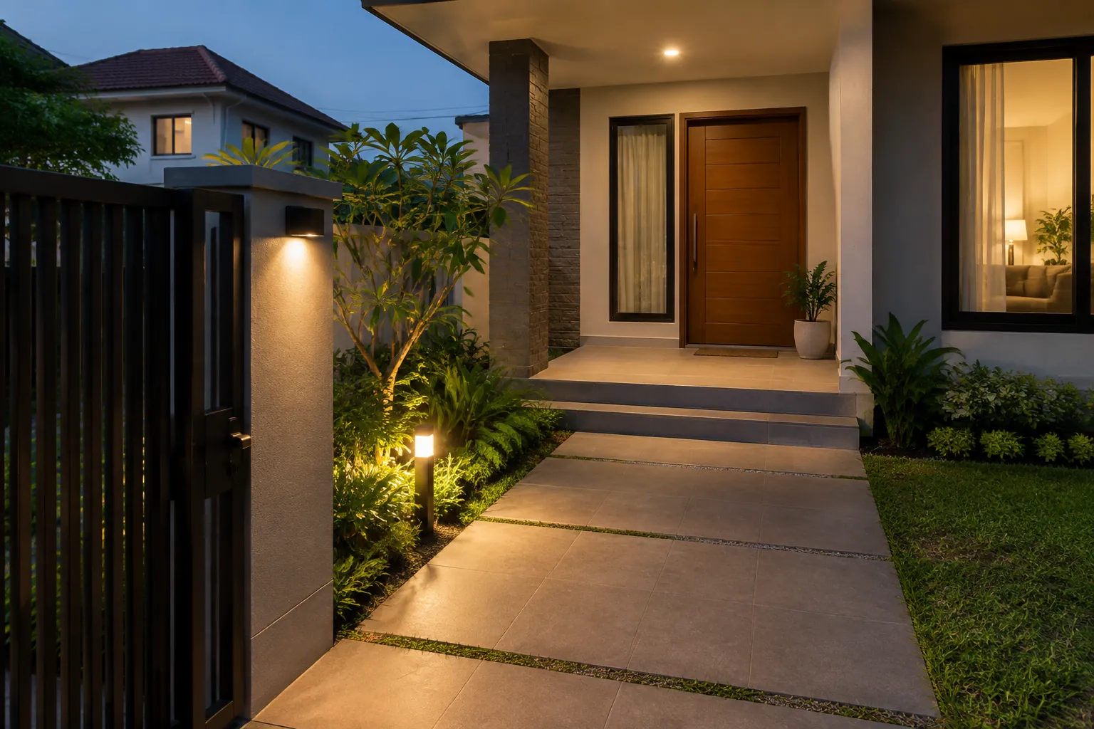 Lampu menerangi jalur dan anak tangga menuju teras rumah