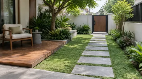 Jalur batu melintasi halaman berumput