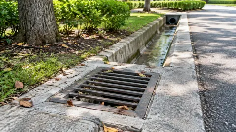 Saluran air jalan dengan daun di dekat kisi drainase