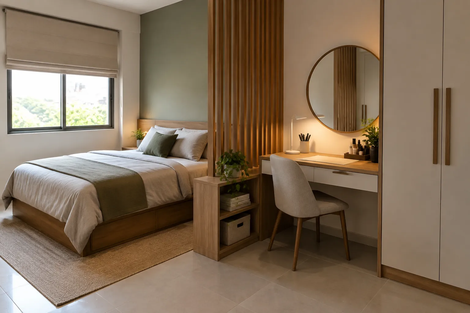 Kamar tidur dengan meja rias dekat lemari dan sekat kayu