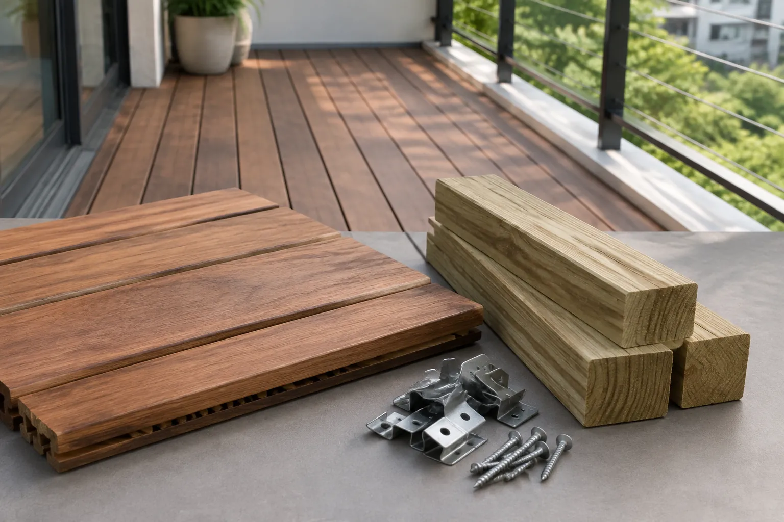 Papan lantai kayu dan balok penyangga disiapkan di balkon